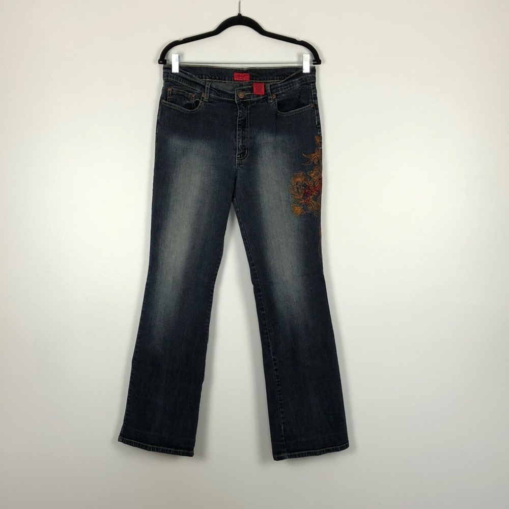 Poco women’s 5 pocket bootcut logo design on side blue jeans Size 15